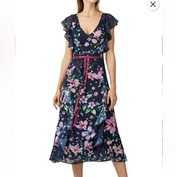 Marchesa Notte Navy Floral Sleeveless Printed Chiffon Gown In Blue | Size 12 - Picture 1 of 12